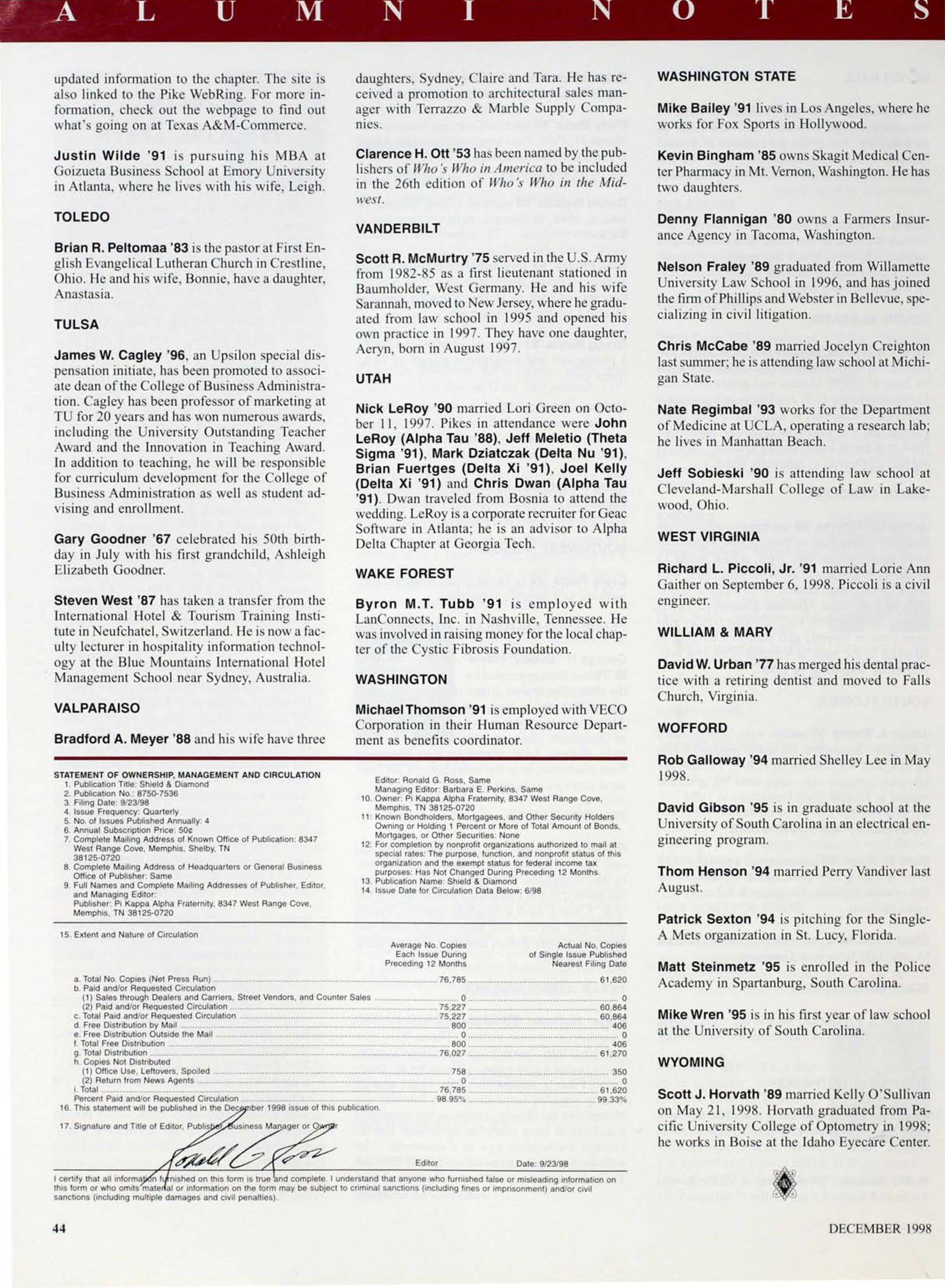 Statement of Ownership Form, December 1998